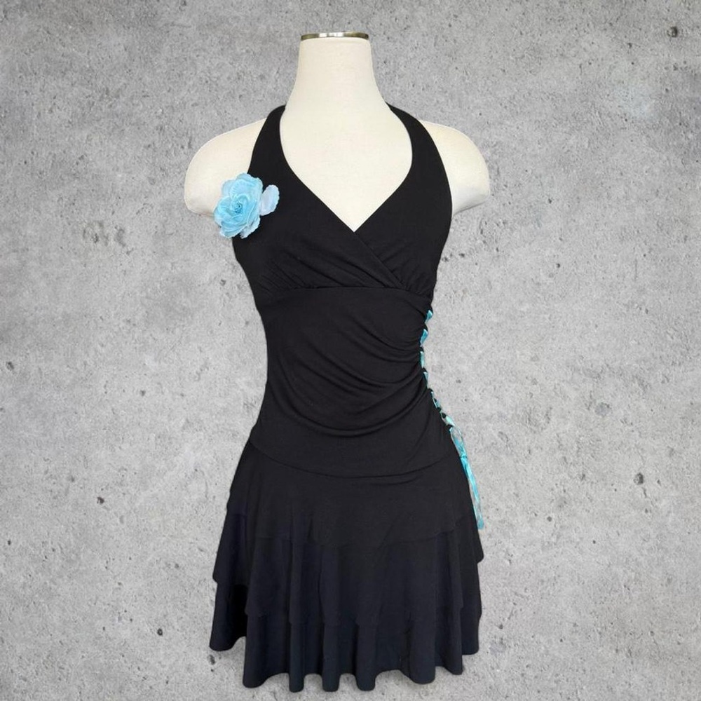Gorg Black Tiered Halter Neck Ruffle Mini Dress with Blue Flower & Lace Up- XS/S